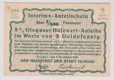 Notgeld Schlesien, 5 Goldpf. Banknote 1/800 Festmeter 1.11.1923 Glogau (144861)