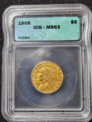 🌟 1908 $5 Gold Coin ICG MS63 UNC Half-Eagle Indian Pre-33 Gold Coin