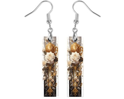 Earrings, Rococo White Rose Print Wood Bar Printed Earrings Jewelry
