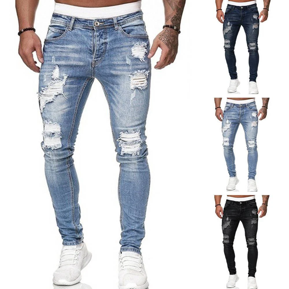 Mens Stacked Jeans Slim Fit Ripped Jeans Destroyed Straight Leg Denim Pants  Harajuku Hip Hop Trouser Streetwear - Walmart.com