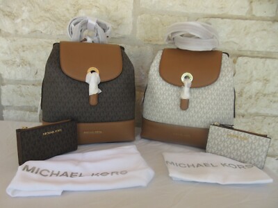NEW  MICHAEL KORS Raven Small Logo BACKPACK + Wallet SET Brown or Vanilla/Acorn