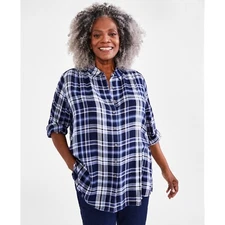 Style & Co Shirt Womens Plus 2X Blue Plaid Flannel Button Up Top Long Sleeve NWT