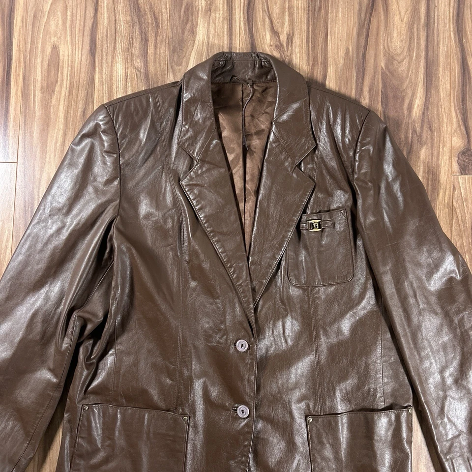 Blazer Vintage Etienne Aigner Mujer 18 Marrón Cuero Forrado 2 Botones Chaqueta Foto 3 de 4