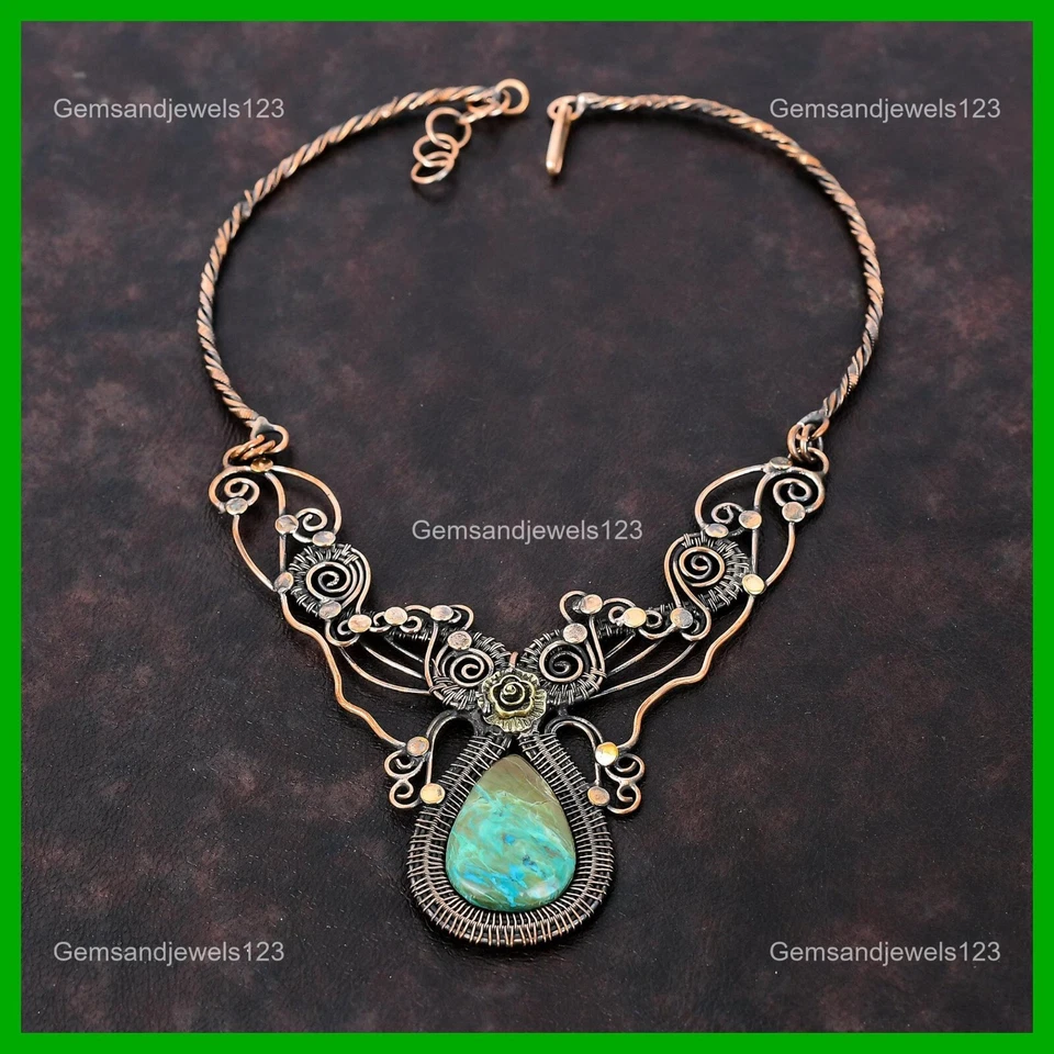 Collar de cumpleaños con cadena de flores envuelta en alambre de cobre piedras preciosas de crisocola joyería Foto 3 de 4