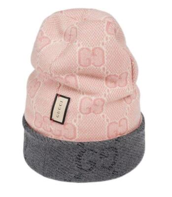 NEW GUCCI JUMBO GG GRAY PINK WOOL REVERSIBLE BEANIE HAT SMALL | eBay