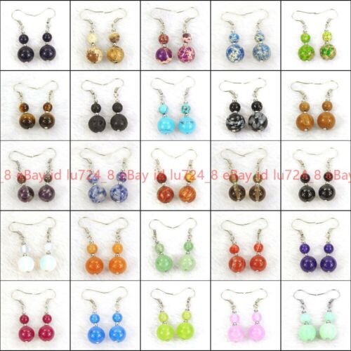 Natural Assorted 6mm 10mm Gemstone Round Bead Silver Plated Hook Dangle Earrings - Picture 1 of 42