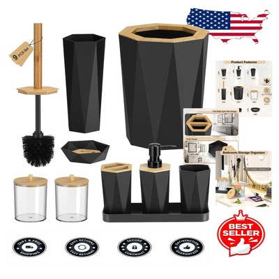 Sophisticated 9-Piece Black Bathroom Essentials - Bamboo & Stainless Steel Care