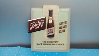 1950's Schlitz 3-D Tin Over Composition Ruby 7oz. Bottle Beer Advertising Sign X