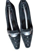 Ecco Suede Black Square Heel Embroidered Women's Shoes SZ 8 N US / 39 Euro