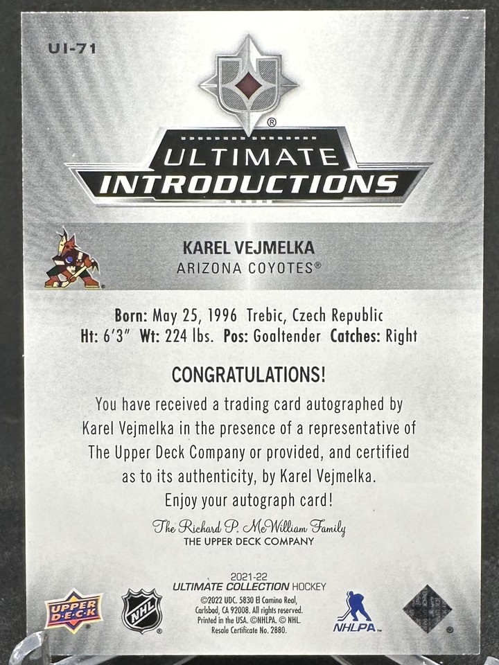 Karel Vejmelka 2021-22 UD Ultimate Collection Ultimate Introductions ...