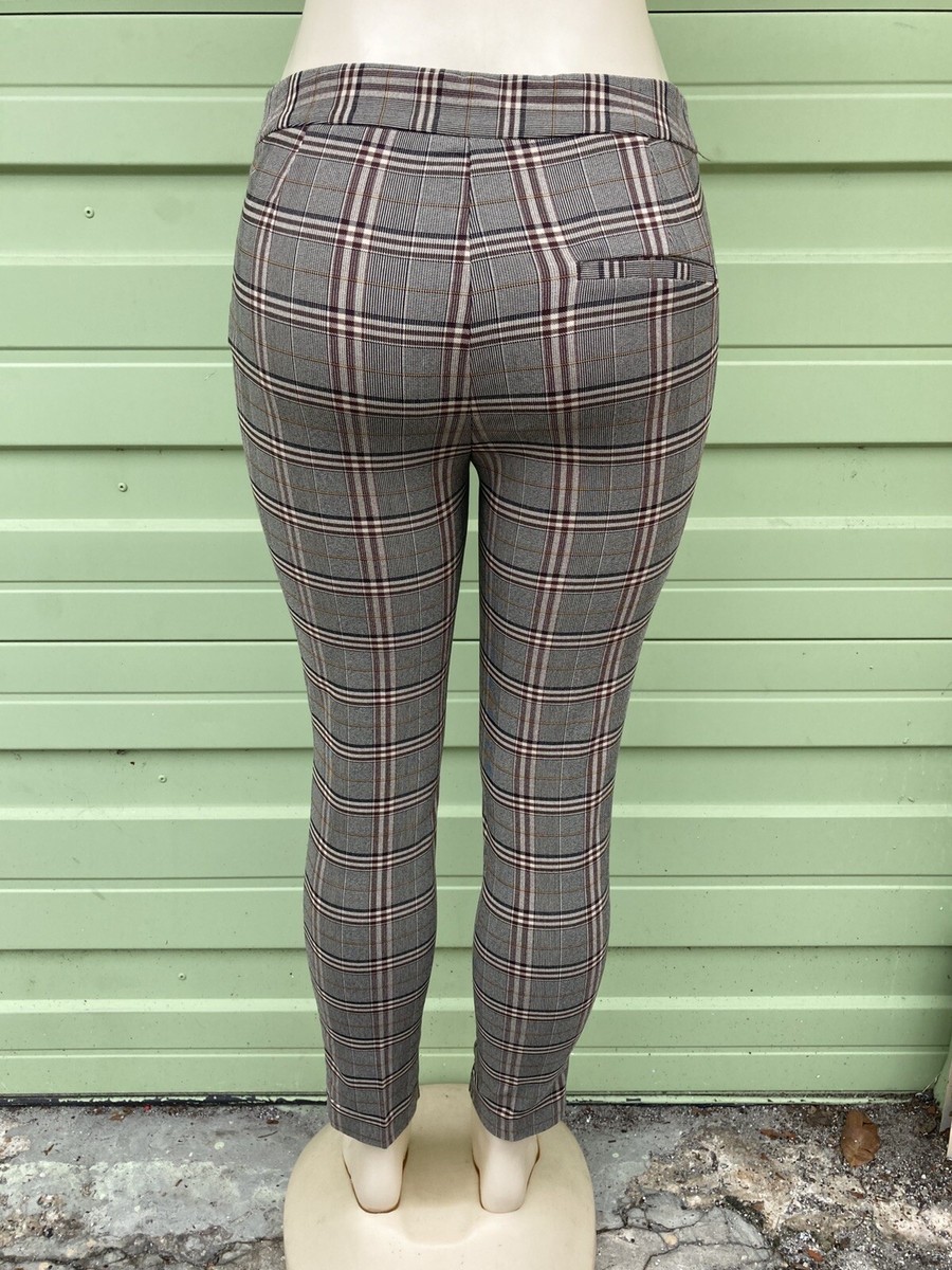 NEW ZARA BROWN CHECKERED CIGARETTE PANTS TROUSERS size S WAIST 25