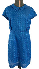 SAVIDA DRESS 14 BLUE Floral Embroidered Waist Belt Vintage Collar Retro Lace