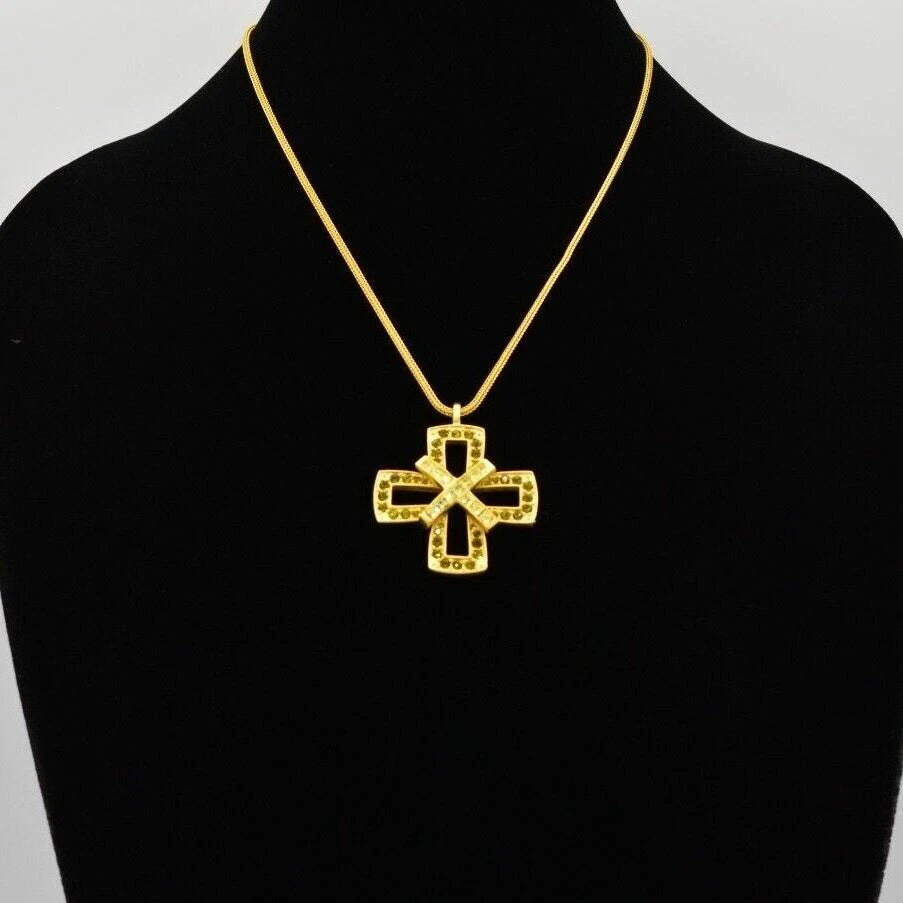 Givenchy Collana Vintage Cristallo Croce Ciondolo Oro Spazzolato Verde Firmato BinE