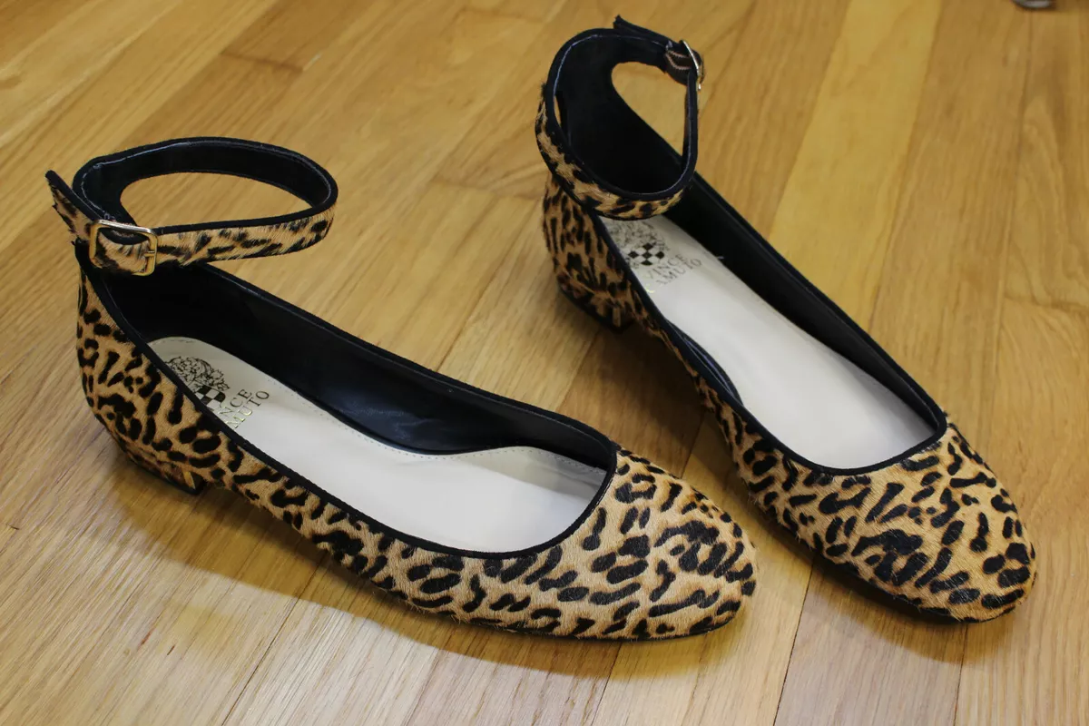 Vince Camuto Attera Flats Ankle Strap Cheetah Print Calf Hair Shoes Women s 8 M