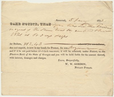 William Washington GORDON / Partly-Printed Document unsigned