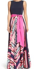 Eliza J Navy Pink Geometric Polyester Jersey Keyhole Tie Maxi Dress 8