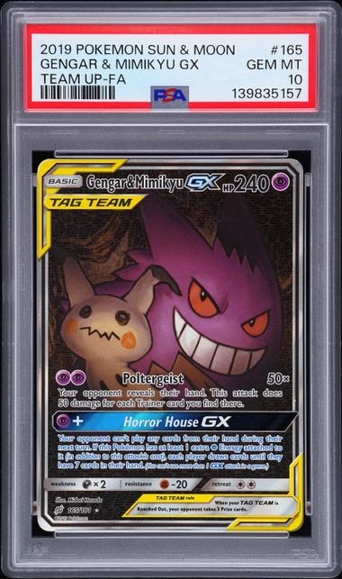 Pokemon Gengar & Mimikyu GX Team Up Full Alt Art #165 PSA 10