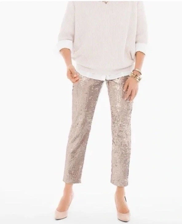 Calça de férias Chicos lantejoulas e veludo cônico tamanho 2 /L cor champanhe nova com etiquetas - Imagem 3 de 4