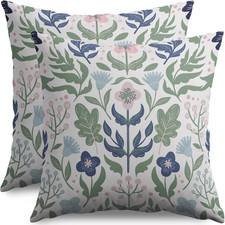 Blue Green Floral Pillow Covers 18X18 Set of 2 Spring Summer Navy Pink Flower Sa