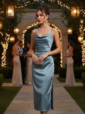 VENUS Sultry Light Blue Satin Slip Midi Dress w/Side Slit Size 10
