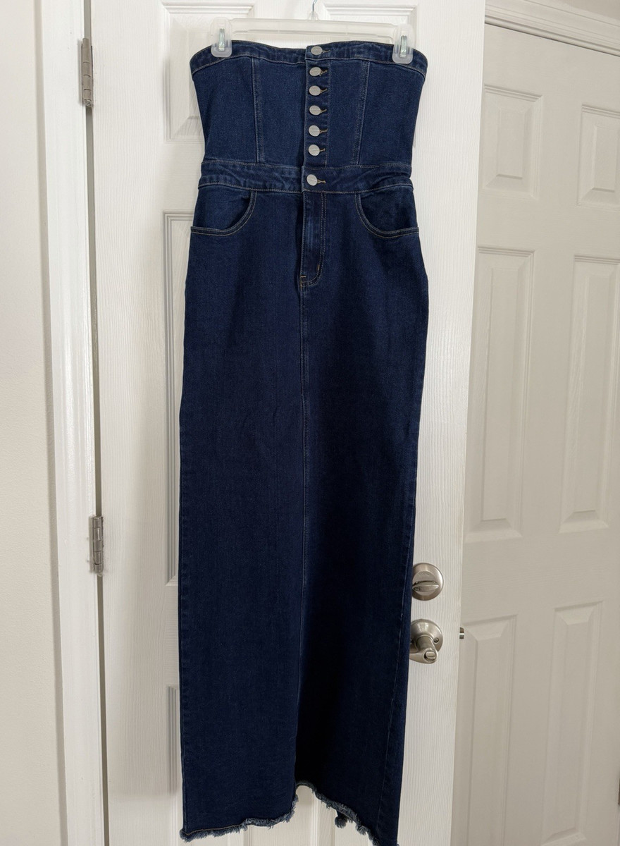 superdown Denim Strapless Long Bodycon Dress Blue Button Accent S