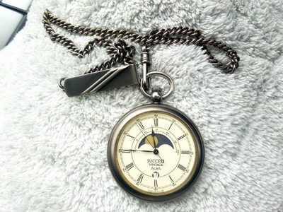 Working SEIKO Alba Success Moon Phase Pocket Watch Vintage Oxidized Finish