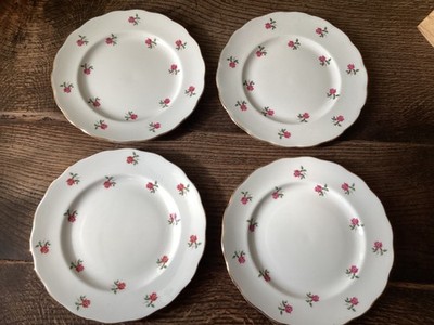 Retro Vintage 4er Set, 8'' Teeteller - Rote Rose Blumenmuster 