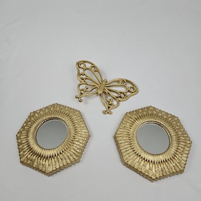Vintage Butterfly Mirror Wall Decor Set of 3 Gold Rattan Look 1978 Syroco