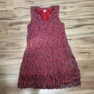 Max Studio Red Ditsy Floral Tiered Ruffle Dress Lined V-Neck Stretch Size M