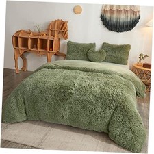Luxury Shaggy Faux Fur Duvet Cover Set, Soft 3 PCS Fluffy King Sage Green