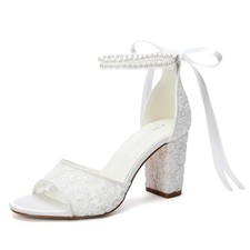 CZEGDLE Women's White Lace Wedding Sandals with Pearl Ankle Strap, Block...