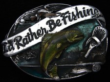 PI15106 VINTAGE 1985 I'D RATHER BE FISHING COMMEMORATIVE PEWTER BELT BUCKLE