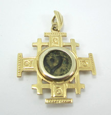 RELIGIOUS 14K YG ALEXANDER JAMAEUS JERUSALEM COIN WIDOWS MITE CROSS 8.1G