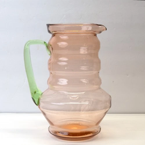 Vintage Tiffin Watermelon Pink Depression Glass Pitcher Green Uranium Handle