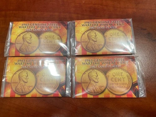 Lot of 5 - 1943 Genuine Steel Cent - 24KT Gold Plated with COA