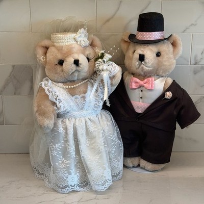 Vintage Bearly People Wedding Bride & Groom Jointed Plush Teddy Bears w Stands