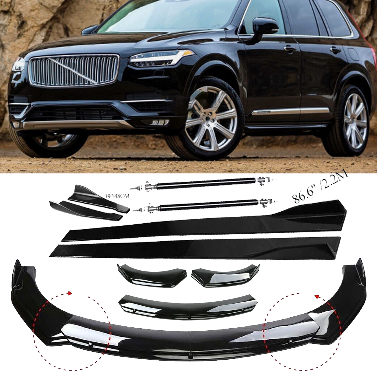 Volvo XC60 XC40 XC90 Front Bumper Lip Spoiler Splitter & Side Skirt Body Kit