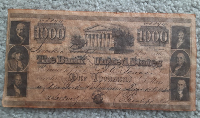 ANTIQUED REPRODUCTION 1840 - $1000 BANK NOTE - NO.8894 - Parchment Paper - Promo