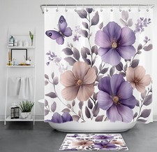 Spring Garden Butterfly Purple Floral Shower Curtain Set for Bathroom Decor
