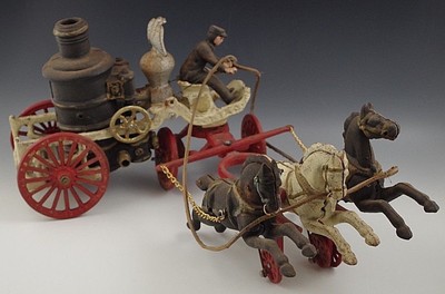 cast iron 3 horse drawn fire wagon
