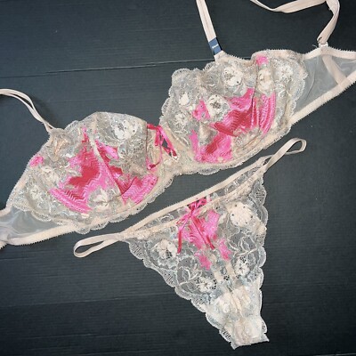 Victoria's Secret unlined 34DD BRA SET S thong pink beige silver SEXY  SEDUCTION | eBay