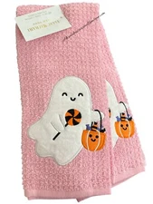Isaac Mizrahi Set of 2 Dish Towels Pink Ghost Viral TikTok Halloween Kitchen New
