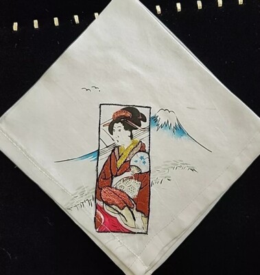 Vintage Japanese Geisha Girl Silk Scarf Handkerchief Hand Painted Mount Fuji