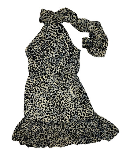 RIXO London Leopard Print Mini Dress Size XS lNeck Tie Sleeveless Ruffle - Picture 3 of 14