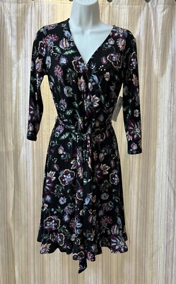 leota faux wrap dress sz m blue floral print sleeveless sash belt  (175928548167),