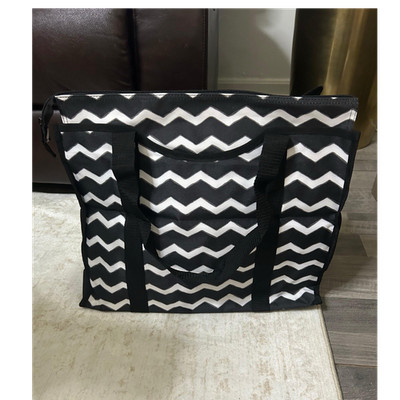 Black White Chevron Tote Bag With Zip Closure Double Handles Zipper Accent