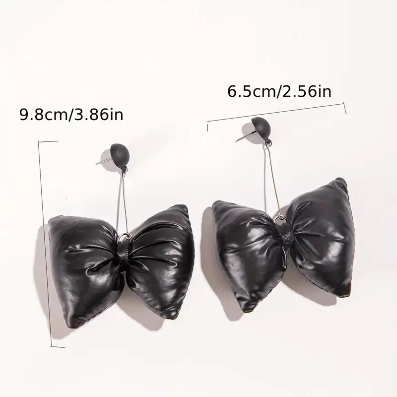 Earrings Black Solid Oversized Drop Bow Faux Leat… - image 2