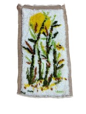 Vintage 70s Latch Hook Rug Wall Hanging Cattails