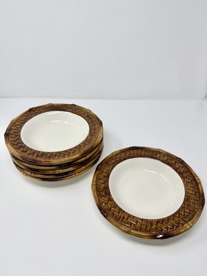 Not Juliska Bamboo Caning 8 1/2  Ceramic Bowl Chinoiserie Tiki Boho Chic