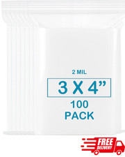 100-Pack 3"x4" Clear Resealable Plastic Bags, 2 Mil Zip Lock for Storage